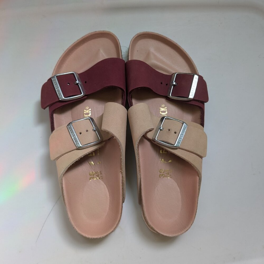 Birkenstock Two-Tone Adjustable Buckle Sandals in Burgundy and Beige